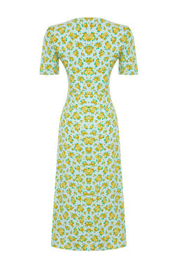 Cok Renkli Cicekli Kruvaze Midi Dokuma Elbise TWOSS24EL00492