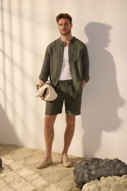 Trendyolmilla Man Haki Limited Edition %100 Keten Oversize Fit Gomlek TMNSS25GO00058