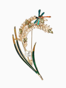 Брошь «Колосья» пшеницы, жемчуг, цветная в золоте