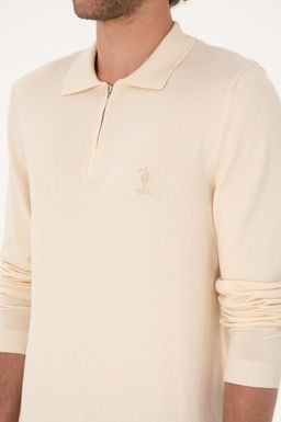 Erkek Slim Fit Yar_m Fermuarl_ Polo Yaka Krem Kazak