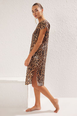 Leopar Desenli Dokuma %100 Pamuk Plaj Midi Elbise TBESS25EL00014 - Trendyolmilla фото 2