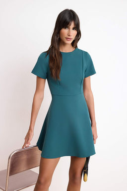 Petrol Etegi Belden Ac?lan K?sa Kol Mini Esnek Dokuma Elbise TWOSS26EL00307
