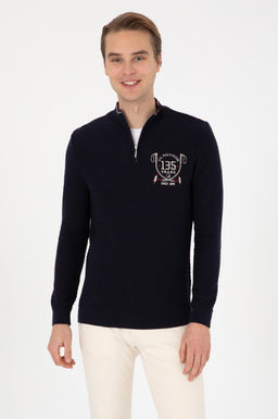 Erkek Slim Fit Yar_m Fermuarl_ Lacivert Kazak
