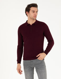 Бордово-красный базовый трикотажный свитер с воротником-поло приталенного кроя - Cacharel фото 8
