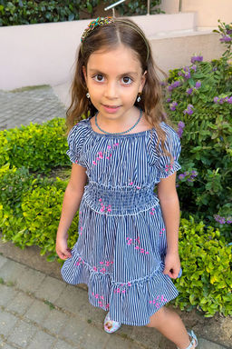 Cok Renkli K?z Cocuk Cicek Desenli Pamuklu Beli Lastikli K?sa Kol Dokuma Elbise TKDSS24EL00018 - Trendyolmilla фото 2