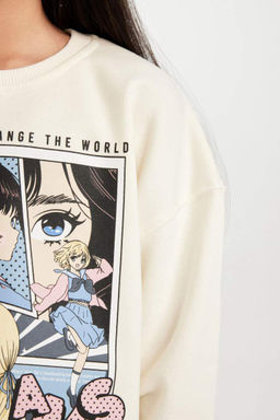 Толстовка оверсайз с широким кроем и круглым вырезом для девочек цвета экрю с принтом - Defacto фото 5