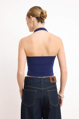 Lacivert-Gri Melanj Boyundan Gecmeli Vucuda Oturan Crop Esnek Orme Bluz TWOAW26BZ00251