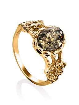 Нежное кольцо из позолоченного серебра и янтаря зелёного цвета Флоренция