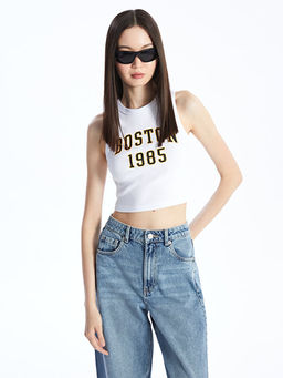 Bisiklet Yaka Bask?l? Kad?n Crop