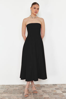 Siyah A-Kesim Straplez Dokuma S?k Abiye Gece Mezuniyet Elbisesi TPRSS24EL00139