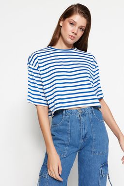 TRENDYOLMILLA Lacivert Cizgili Relaxed/Genis Rahat Kesim Crop Bisiklet Yaka Orme T-Shirt TWOSS23TS00136 фото 3
