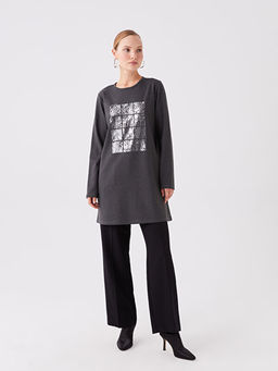 Bisiklet Yaka Bask?l? Uzun Kollu Kad?n Tunik