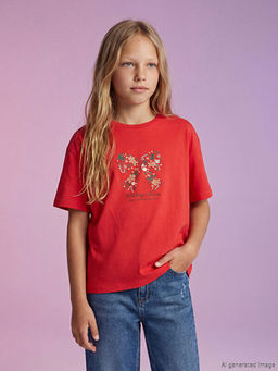 Bisiklet Yaka Bask?l? K?z ?ocuk Ti??rt