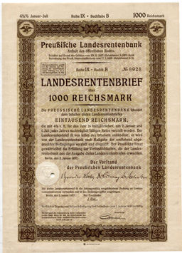 Облигация 4,5% 1000 рейхсмарок 1937 года Германия