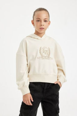 K?z Cocuk Ekru Oversize Genis Kal?p Kapusonlu Islemeli Kal?n Sweatshirt