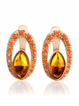 Сияющие серьги Ренессанс с коньячным янтарём и фианитами