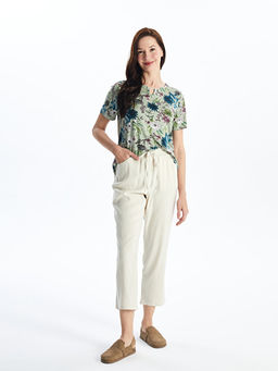 Beli Lastikli D?z Keten Kar???ml? Kad?n Pantolon