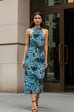 Mavi Soyut Bodycone/Vucuda Oturan Halter Yaka Maxi Orme Elbise TWOSS25EL00085