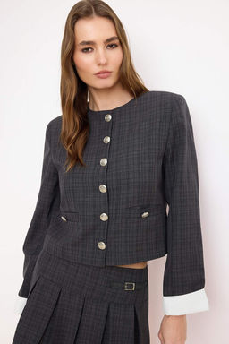 Antrasit Ekoseli Manset Detayl? Dokuma Dugmeli Ceket TWOSS26CE00018 - Trendyolmilla фото 2