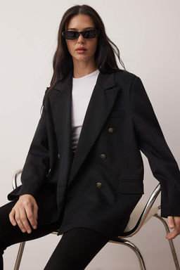 Siyah Kruvaze Kapama Dokuma Oversize Blazer Ceket TWOAW26BC00070 - Trendyolmilla фото 2