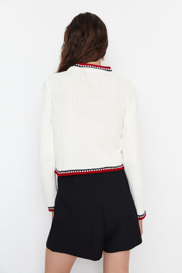 Ekru Crop Renk Bloklu Ceket Gorunumlu Triko H?rka TWOAW23HI00550