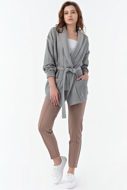 Кардиган вязаный свободный с поясом перламутровый