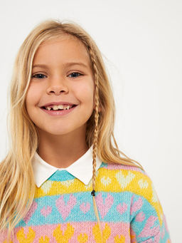 Bisiklet Yaka Desenli Uzun Kollu K?z ?ocuk Triko Kazak