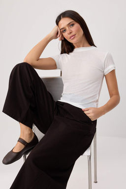Ekru Regular/Normal Kal_p K_sa Kollu %100 Pamuk _rme T-shirt TWOSS26TS00284