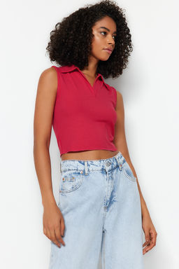 Trendyolmilla Siyah Fitted/Vucuda Oturan Polo Yaka Crop Esnek Orme Bluz TWOSS22BZ0335 фото 43