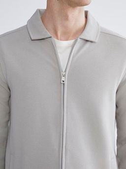 Standart Kal?p Polo Yaka Erkek Fermuarl? Sweatshirt
