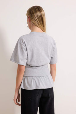 Gri Melanj Fitted/Vucuda Oturan Dusuk Kol K?sa Kollu Tok %100 Pamuk Orme T-Shirt TWOSS26TS00046 - Trendyolmilla фото 4