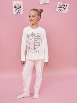 Комплект для девочек (джемпер, брюки) молочно-розовый с граффити и Микки Маусом