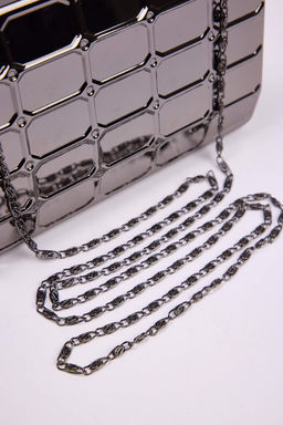 Metalik Gumus Uc Boyutlu Abiye Kad?n S?k Mini Clutch El Cantas? TAKSS25PY00004