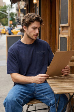 TRENDYOL MAN Lacivert Oversize/Genis Kesim Bisiklet Yaka Cep Uzeri Yaz? Nak?sl? %100 Pamuk T-Shirt TMNSS25TS00056 - Trendyolmilla фото 5