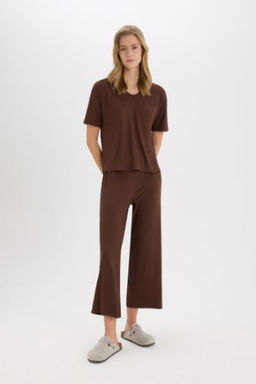 Fall in Love Pijama Tak?m? Fitilli Kaskorse K?sa Kollu Pijama Ustu Esnek Belli Kapri Boy PiJama Alt?