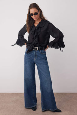 Siyah F?rf?rl? Bohem Ince Pamuklu Kumas Uzun Kol Dokuma Bluz TWOSS25BZ00551