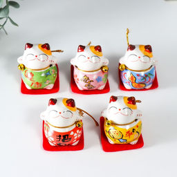 Сувенир керамика Манэки-нэко в костюмчиках на подушечках 4,5х3,8х4,6 см набор 5 шт