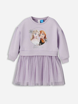 Bisiklet Yaka Elsa Bask?l? K?z ?ocuk Elbise