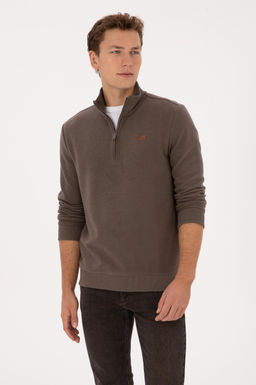 Erkek Regular Fit Yar_m Fermuarl_ Vizon Basic Sweatshirt