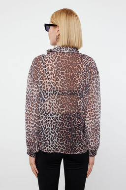 Kahverengi Leopar Desenli Sifon Dik Yaka Dokuma Bluz TWOAW25BZ00043 - Trendyolmilla фото 5