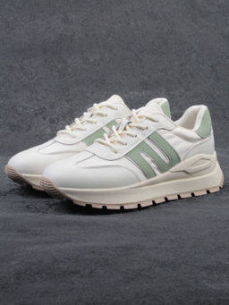 03-WG040-1M MILK/GREEN Кроссовки демисезонные женские (натуральная кожа)