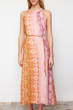 Trendyolmilla Pembe Soyut Desenli Duz Kesim Sifon Astarl? Maxi Dokuma Elbise TWOSS24EL00207 фото 5