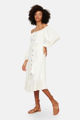 TRENDYOLMILLA Ekru Kusakl? Midi Dugmeli Kare Yaka Dokuma Keten Gorunumlu Elbise TWOSS19IE0009  фото 10