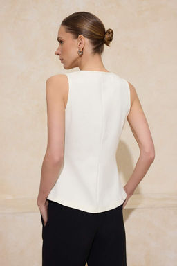 Ekru Duz Peplum V Yaka Kolsuz Interlok Orme Bluz TWOSS26BZ00044