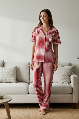 Trendyolmilla Pembe Cizgili Hayvan Bask?l? Gomlek-Pantolon Orme Pijama Tak?m? THMSS21PT0878 фото 9