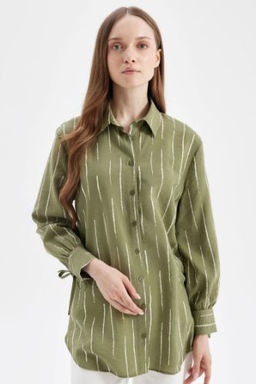Relax Fit Gomlek Yaka Cizgili Uzun Kollu Gomlek Tunik