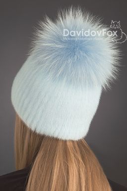 Шапка Лыжница норка орнамент голубая