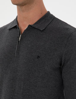 Antrasit Melanj Slim Fit Polo Yaka Fermuarl_ Basic Triko Kazak - Pierre cardin фото 7