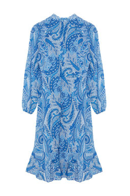 Koyu Mavi Desenli Volanl? Midi Dokuma Elbise TWOAW23EL01436