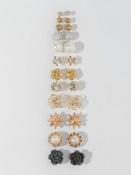 Серьги пусеты 12 пар One year, романтика, бело-серые в золоте